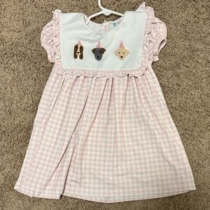 Charming Pink Checkered Kids Dress with Puppy Embroidery